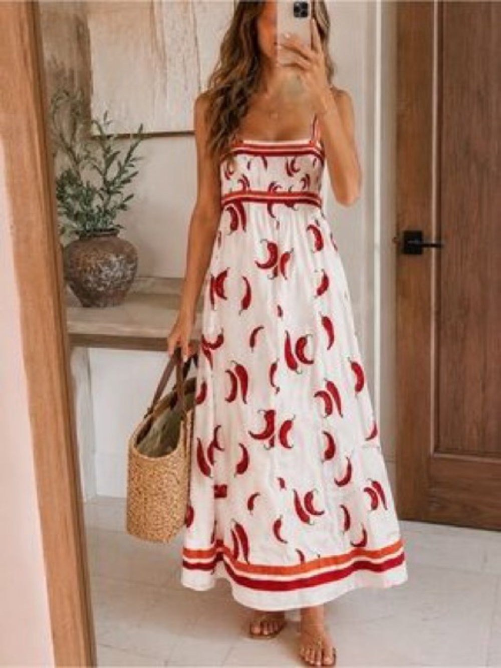 NWT Rachel Zoe Linen Blend Dress White Red Chili Pepper Print Boho Resort Chic